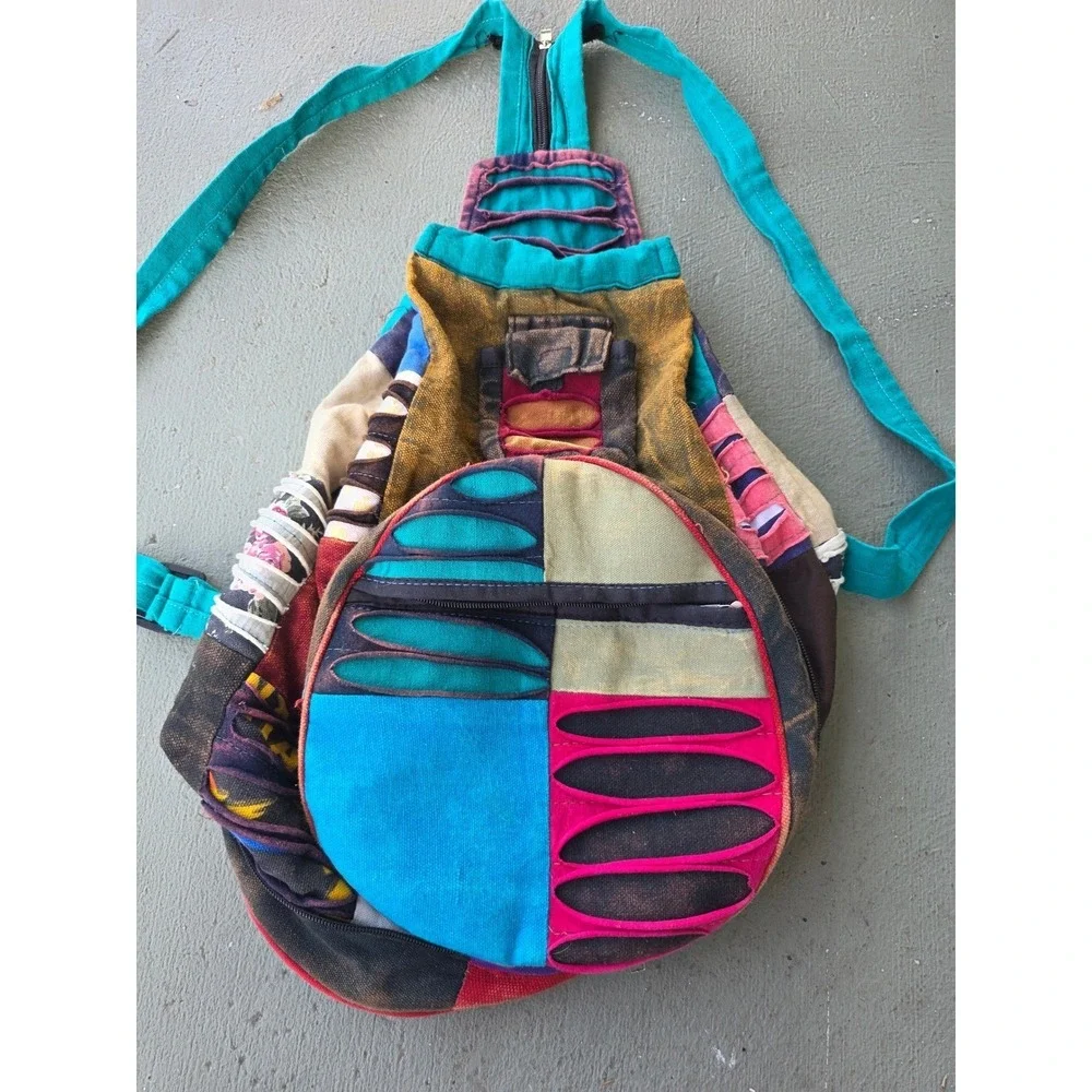 Boho‎ Patchwork Razor Cut Sling Backpack Multi Color Cotton Hippie Festival E2